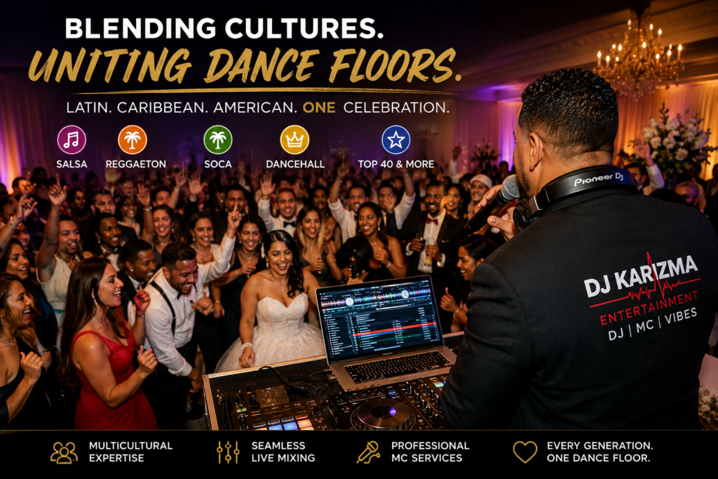 Latin American wedding DJ Virginia mixing Latin, Caribbean, and American music at a packed multicultural wedding reception.
